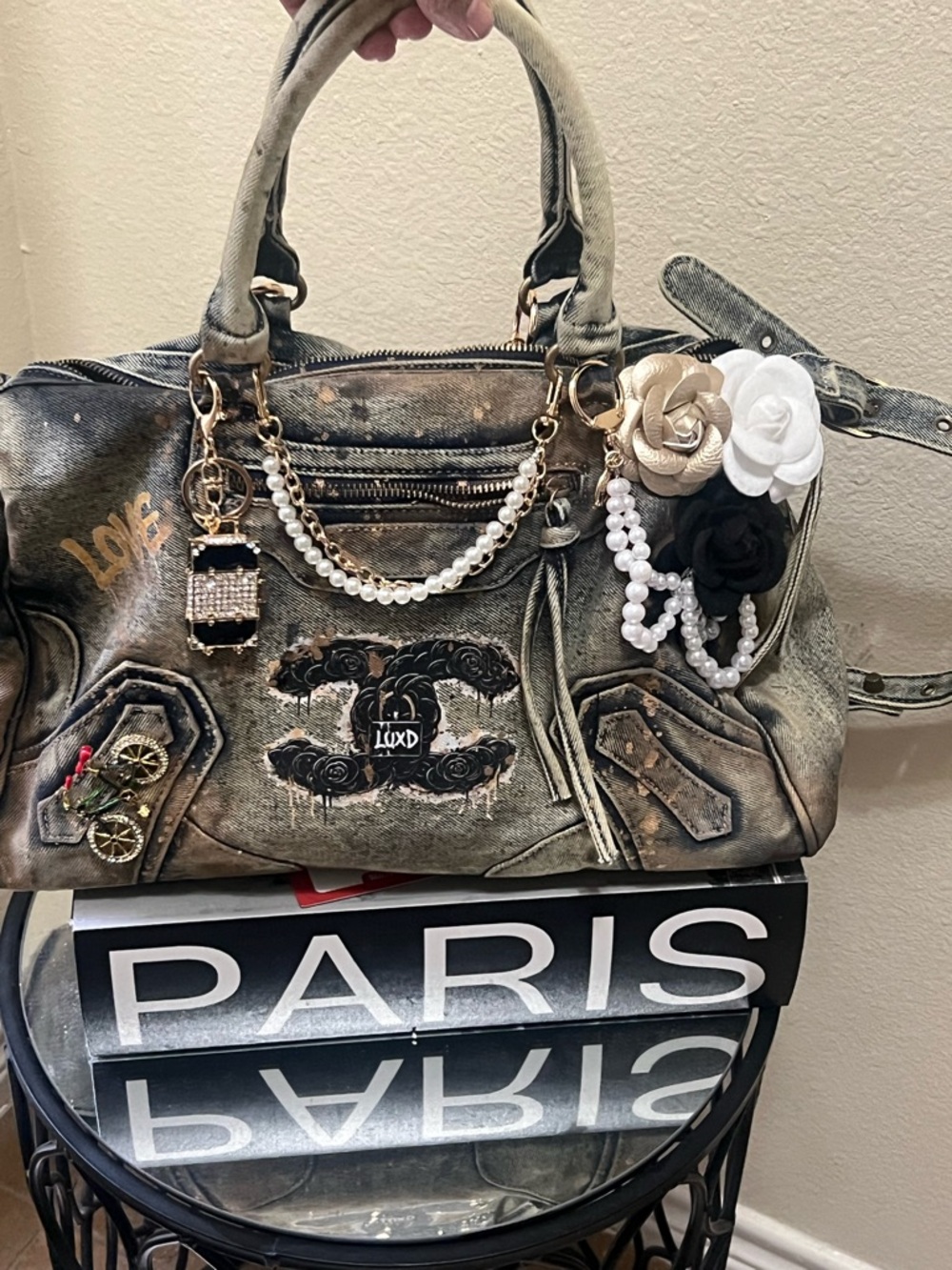 Lux Distressed Black Satchel with Pearl Chain and Floral Charms